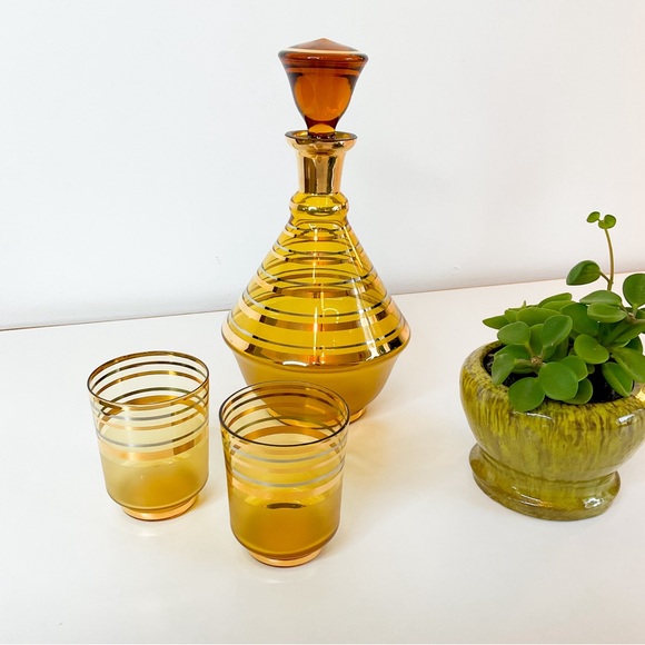 Vintage Other - MCM Vintage Retro Amber Glass Drink Decanter With Two Drinking Glasses